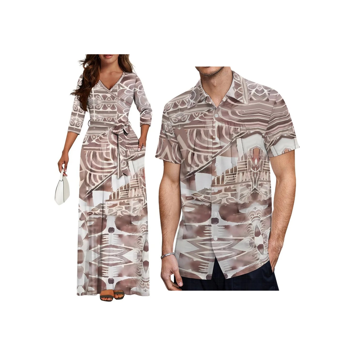 Wholesale Custom Half Sleeve V Neck Tie-Up Long Dress Polynesian Tribal Design High Waist Belt Pocket Ladies Dress