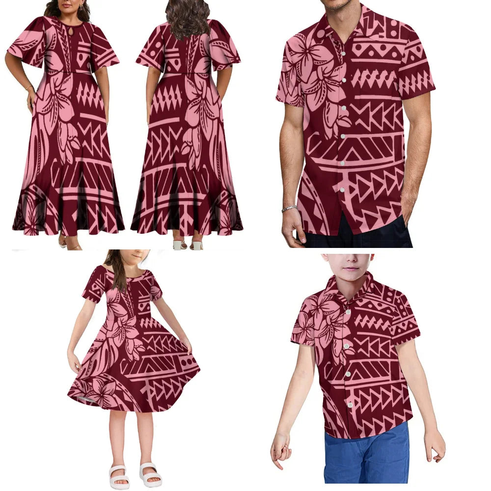 Summer Short Sleeve Fiji Island Style Women's Dress Men's Shirt Polynesian Art Print Art Family Party Set