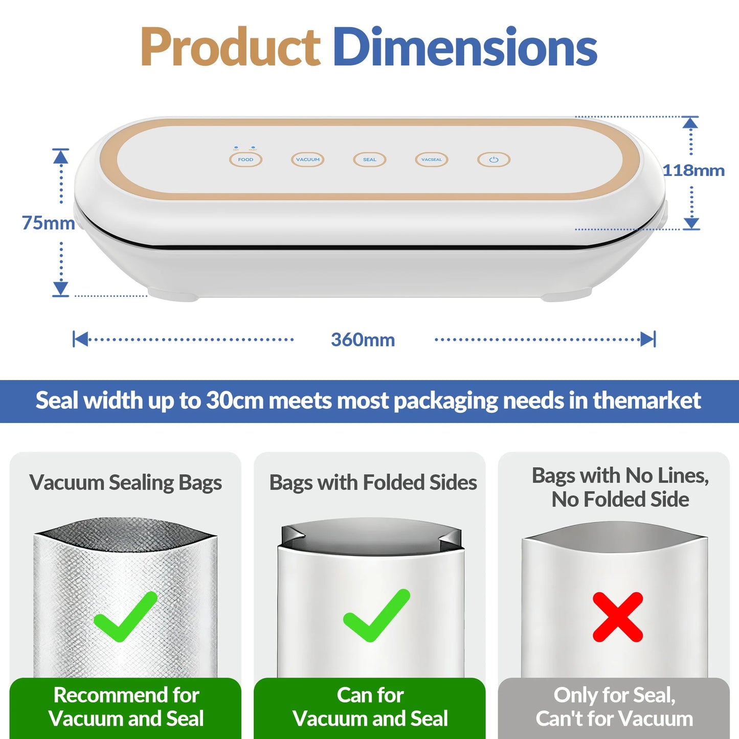 Electric Vacuum Sealer Automatic Packaging Machine Air Sealing Dry/Wet Food Sealing With Free 10PCS Vacuum Bags for Food Storage