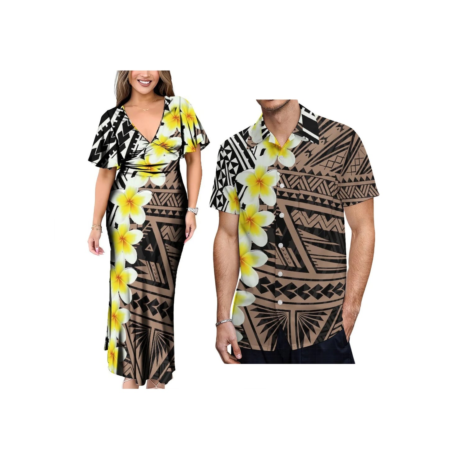 New 1MOQ Custom Print Polynesian Island Style Dress Neck Bels Flare Sleeve Long Dress Big People Size Party Dress