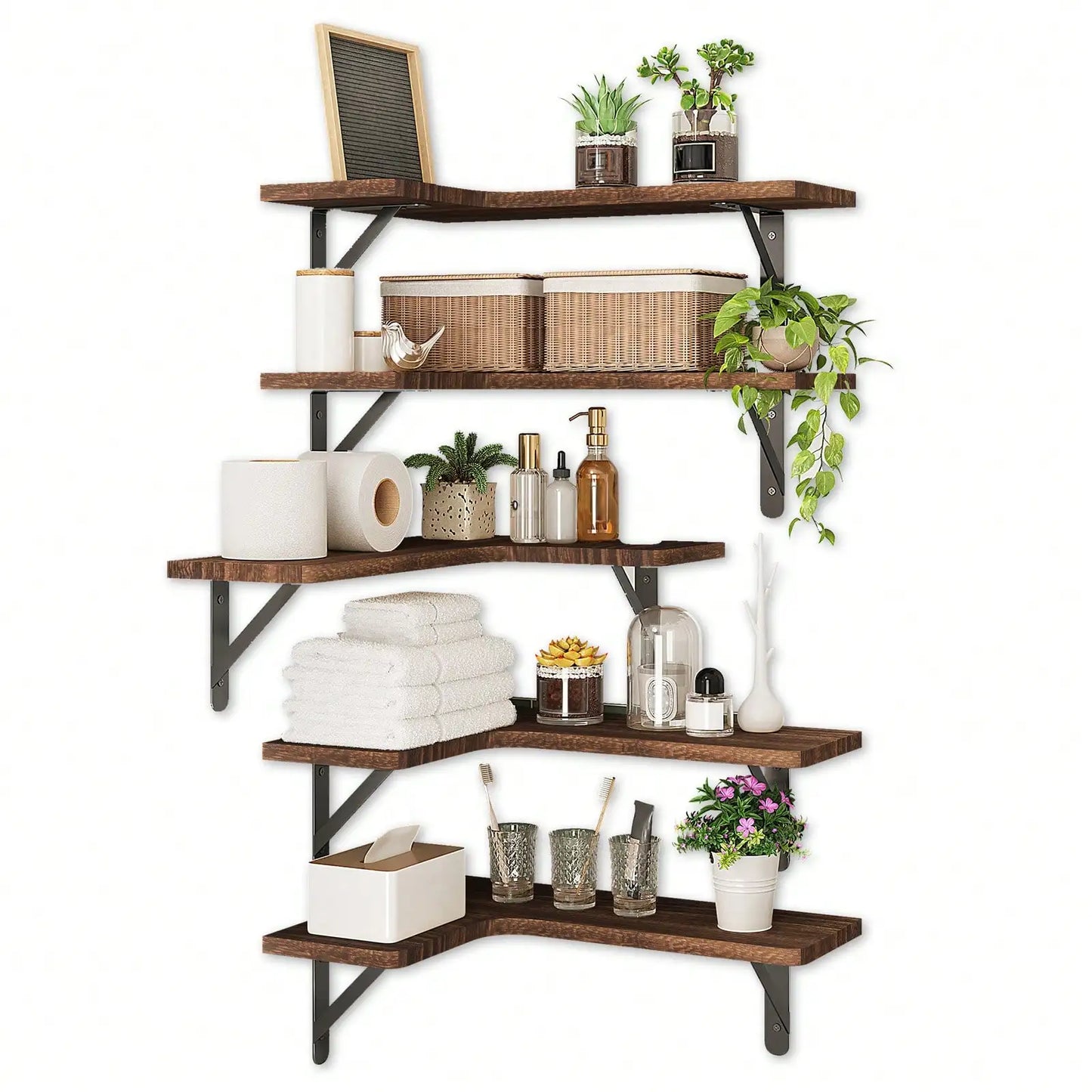5pcs Corner Floating Shelves Rustic Wood Wall Mounted Shelf For Bathroom Kitchen Bedroom
