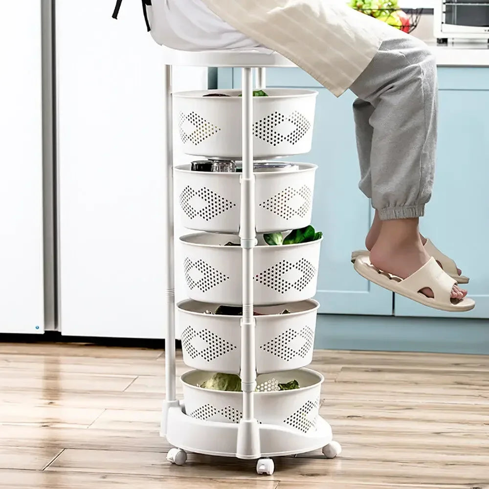 5 Tier Rotating Kitchen Organizer Rack 360° Swivel Baskets Adjustable Height with Wheels for Fruit Vegetable Pantry Storage