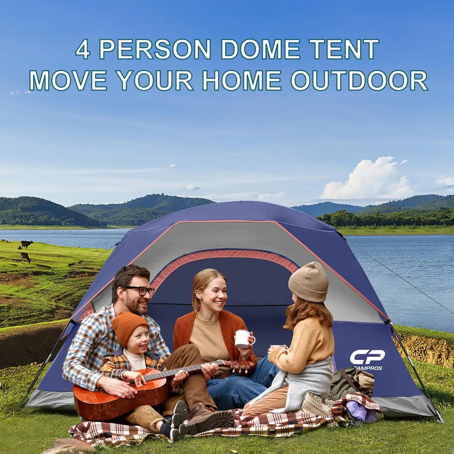 4 Person Waterproof Windproof Camping Tent, Easy Setup Dome Tent with Large Mesh Windows & Wider Door for Outdoor Hiking