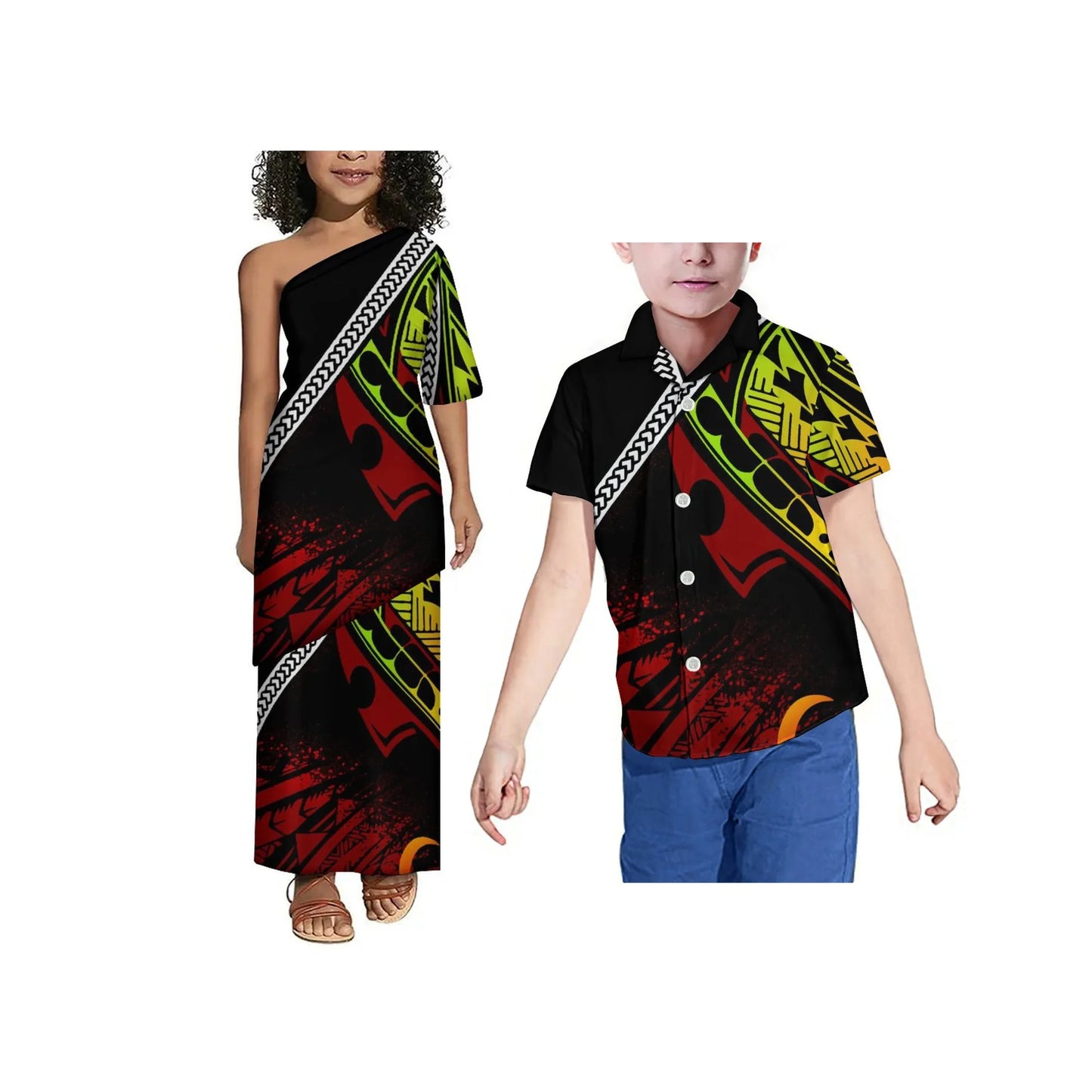 Drop Shipping Tonga Polynesian Tribal Print Summer Kids Off Shoulder Short Sleeve Dress Samoan Puletasi Clothes 2 Pieces Sets