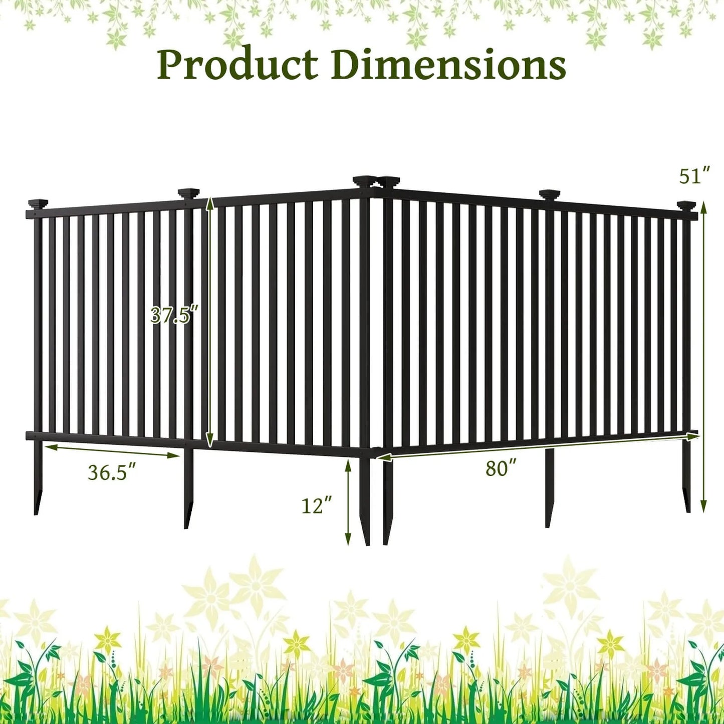 39" x 80" Vinyl Picket Fence 2 No Dig Fence Panels for Soft Ground White