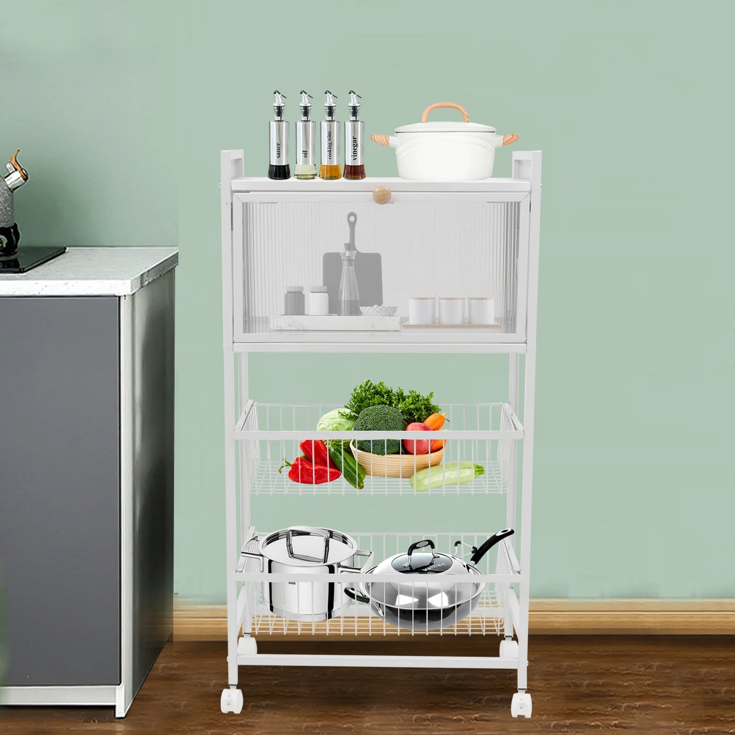 4-Storey Kitchen Storage Rack 55x27.5x96.5cm with Brake Casters Black/White - Organization Solution for Your Kitchen