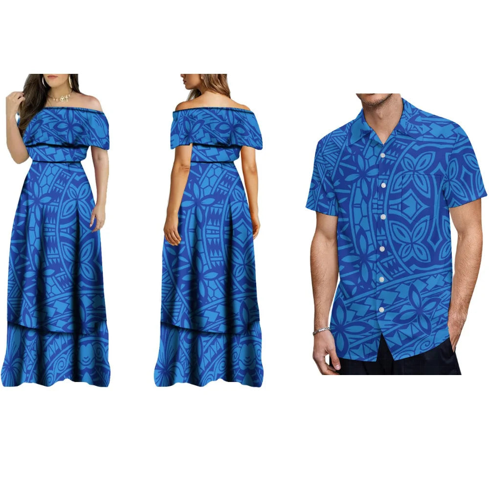 Hawaiian Floral Print Women'S Off-The-Shoulder Long Dress Cocktail Evening Dress And Men's Shirt Polynesian With Couple Suits