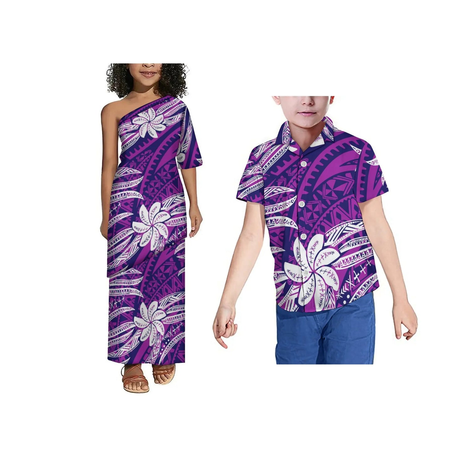 Hot Sale Custom Polynesian Tribal Print Girls Puletasi Kids Off Shoulder Toddler Dress Children 2 Piece Set Dress