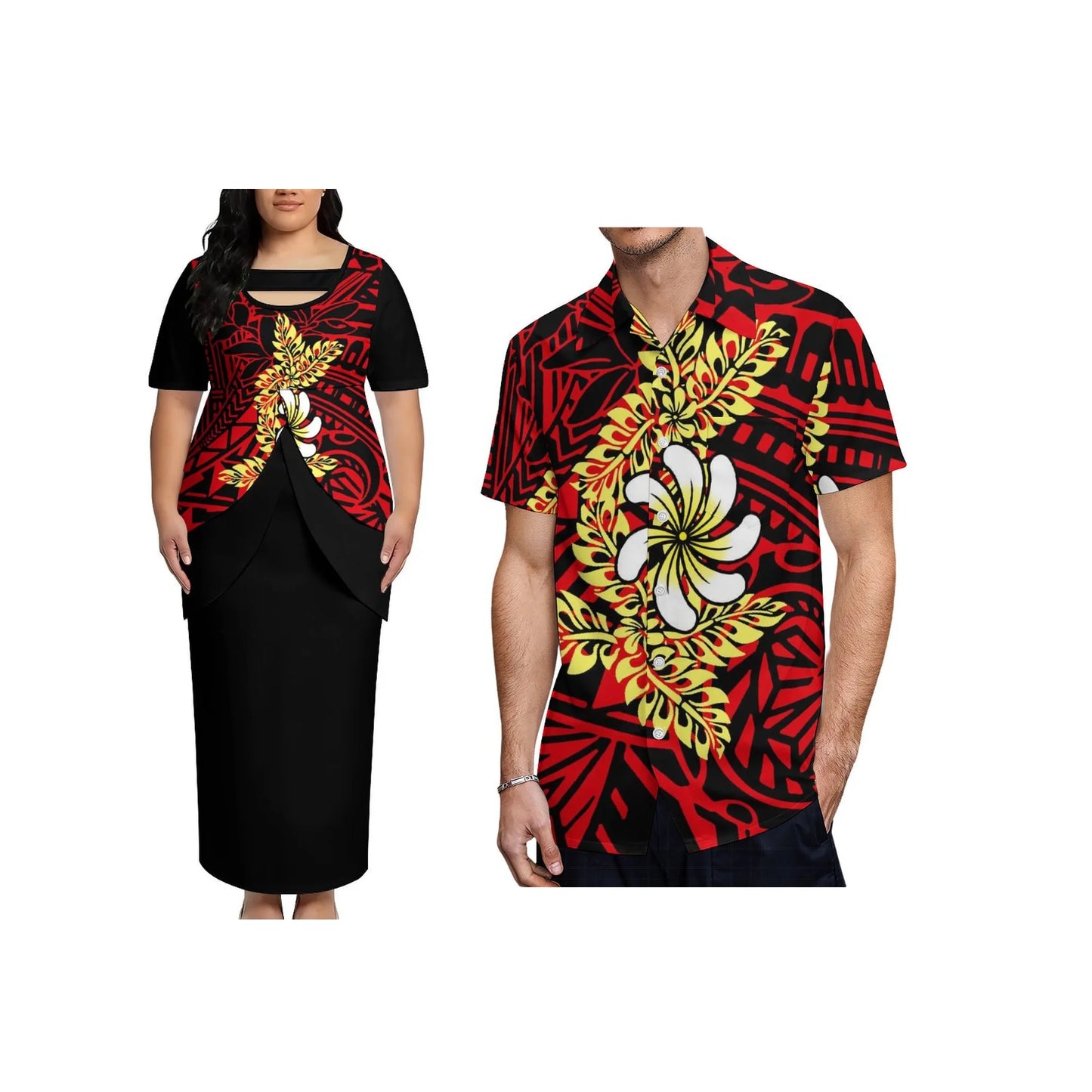 New Arrival Polynesian Tribal Print  Custom Puletasi Samoa Print Dress Two Piece Overlay Bodycon Maxi Dress