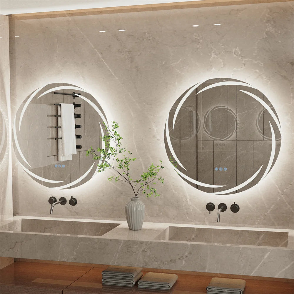 Round Illuminated LED Light Bathroom Mirror Luxury Wall Mounted Vanity Dressing Mirror with 3 Color Lights Anti-fog