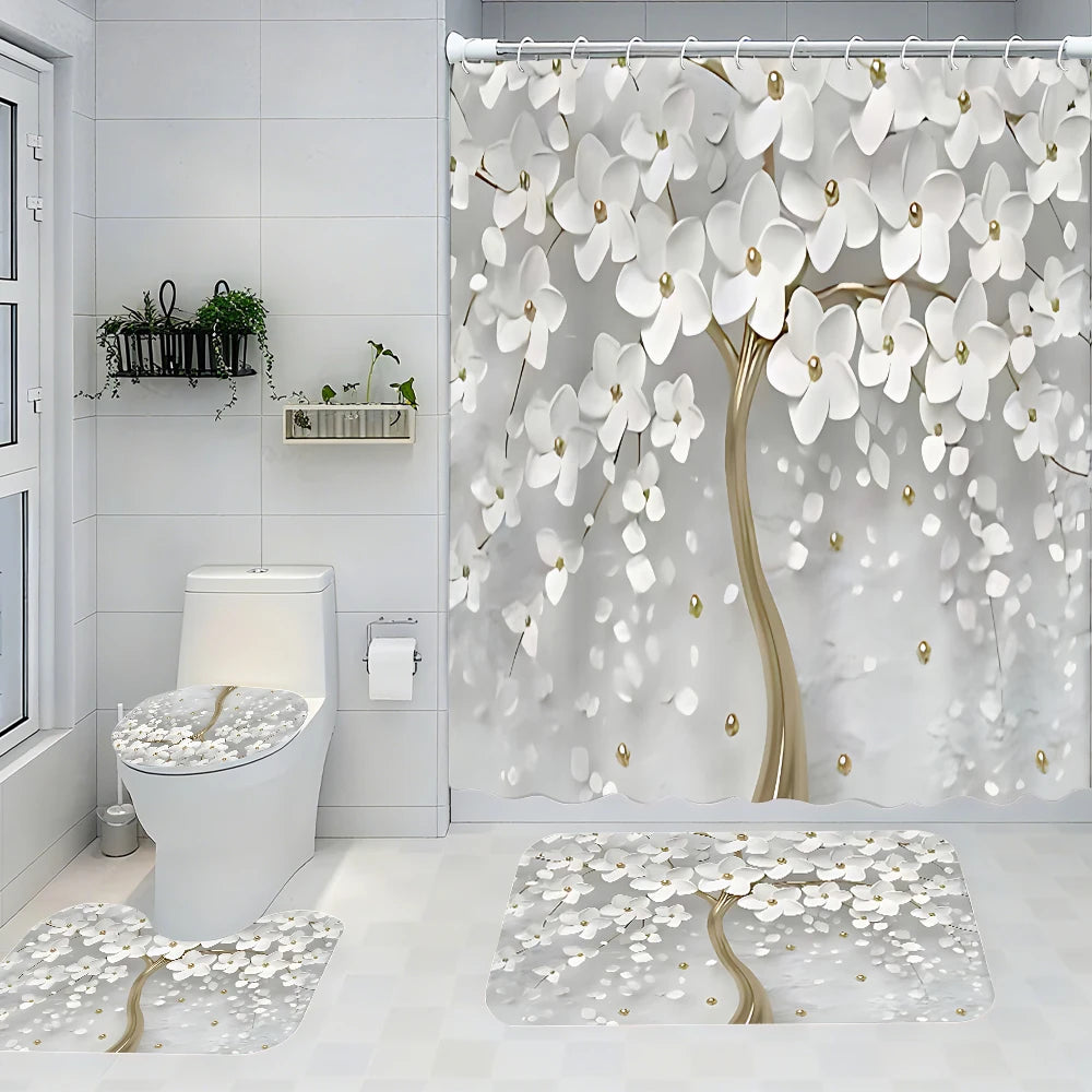 Golden Flower Tree Bathroom Four-piece Set - Avant-garde Waterproof Shower Curtain, creating a complete bathroom kit