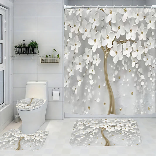 Golden Flower Tree Bathroom Four-piece Set - Avant-garde Waterproof Shower Curtain, creating a complete bathroom kit