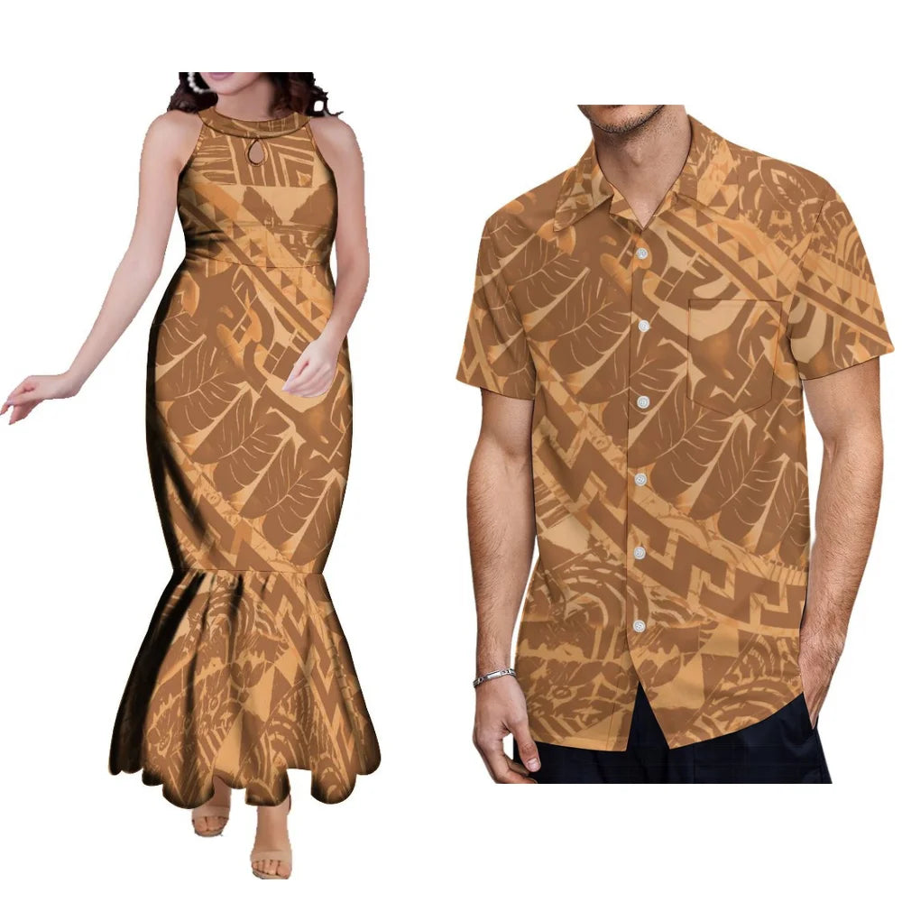 Floral Print Polynesian Couple Set Samoa Tonga Ladies Fashion Evening Dress Hip Wrap Fishtail Dress Party Men'S Shirt