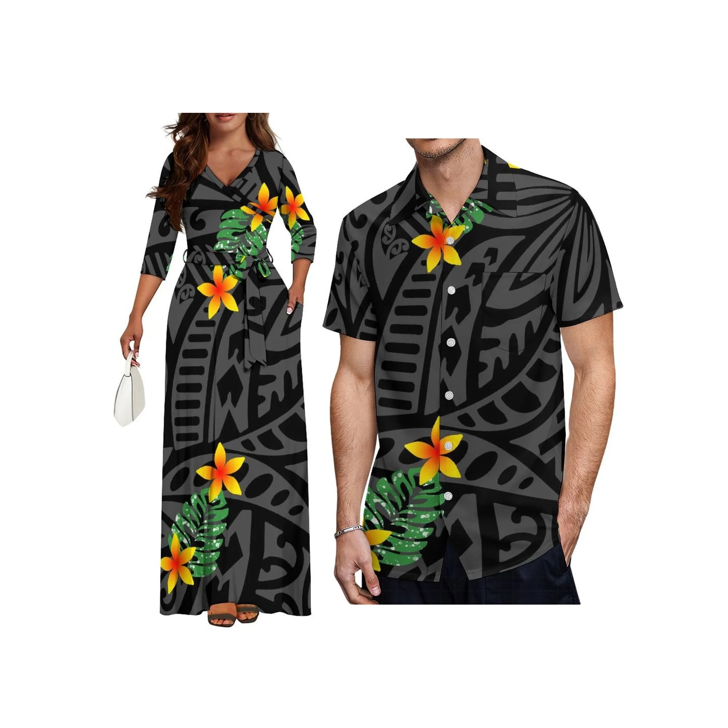 Wholesale Custom Half Sleeve V Neck Tie-Up Long Dress Polynesian Tribal Design High Waist Belt Pocket Ladies Dress