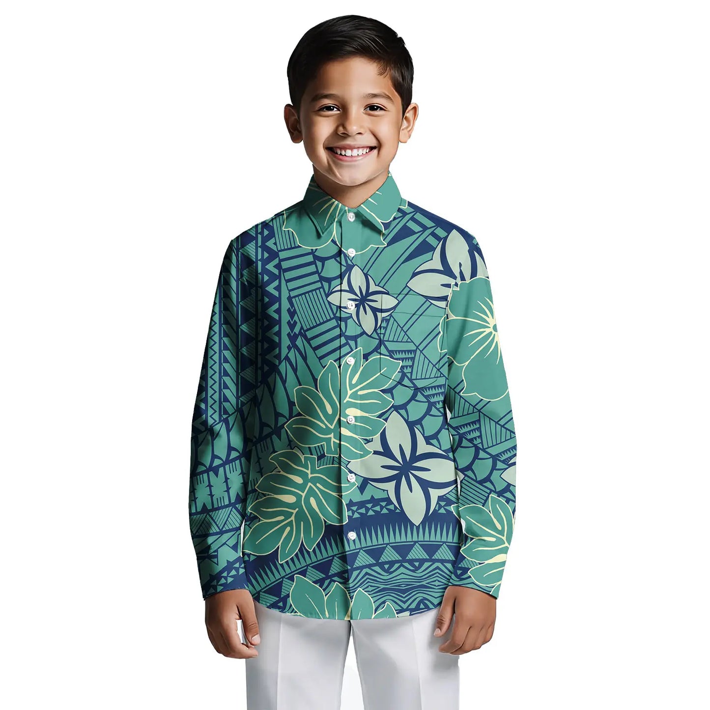 Custom Print on Demand Boys Beach Tropical Hawaii Shirt Boy Polynesian Tribal Button Down Aloha Long Sleeve Boys Shirts