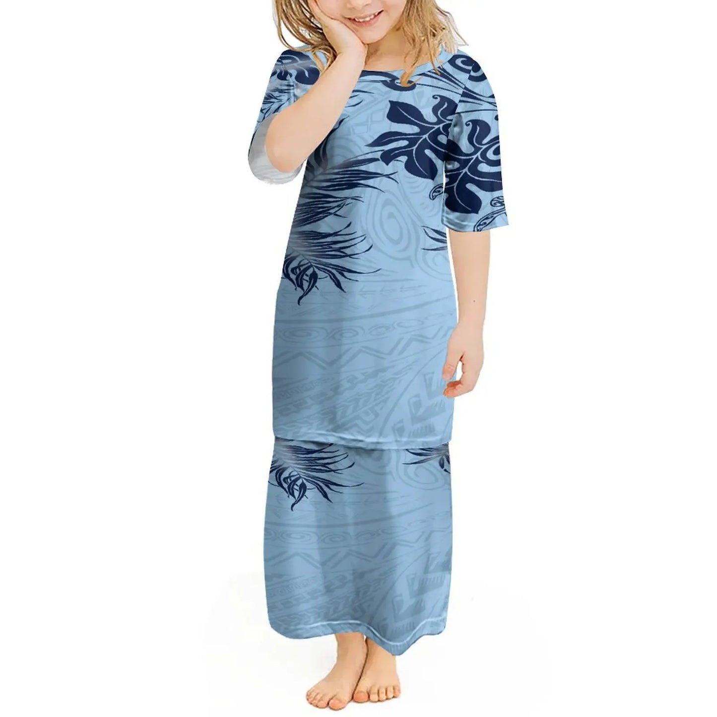 Custom Polynesian Girls Puletasi Pacific Island Floral Print Summer Crewneck Short Sleeve Maxi Party Kids Set Dress