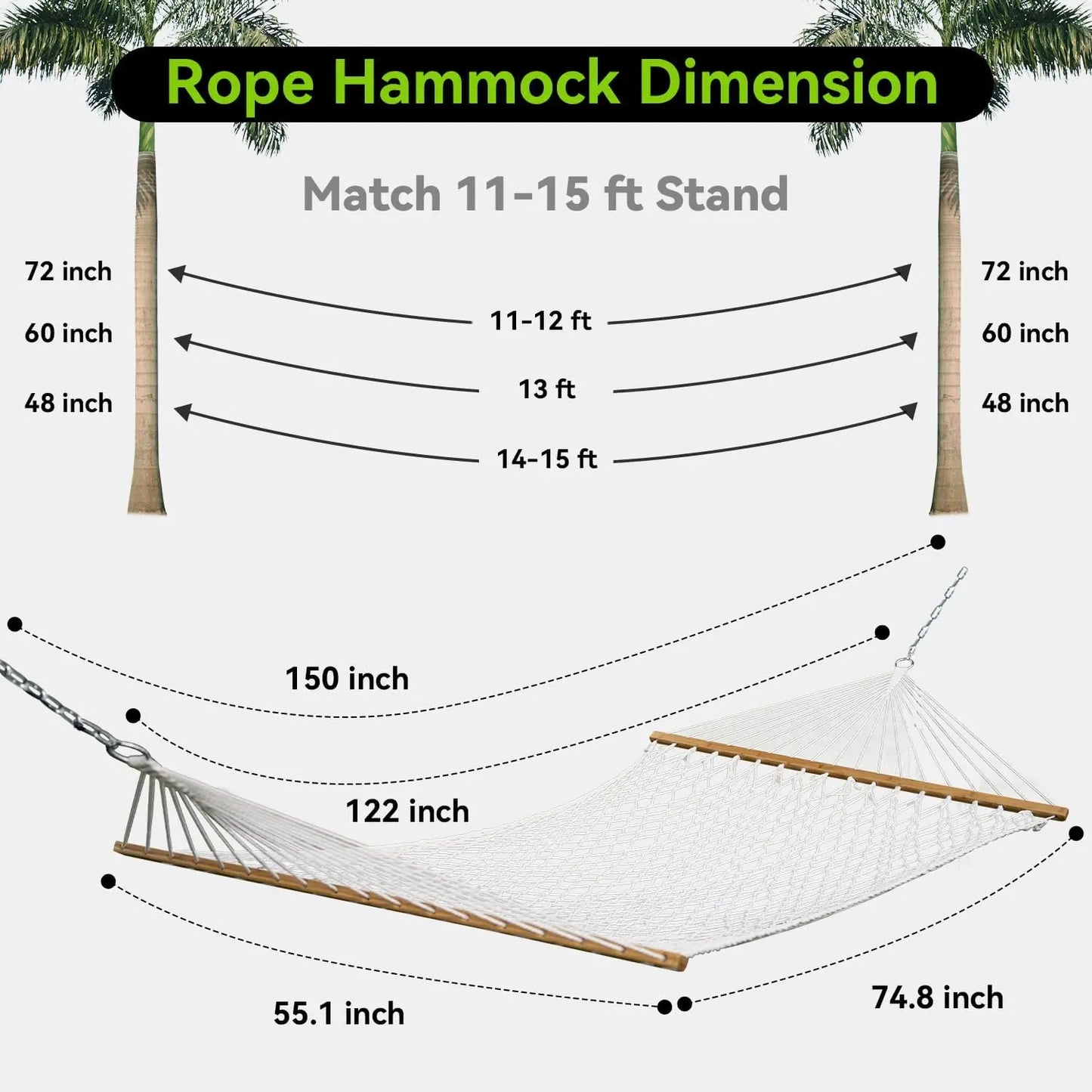 Double Hammock for Two, Handwoven Rope with Spreader Bar - Indoor Outdoor Patio Poolside Backyard Use
