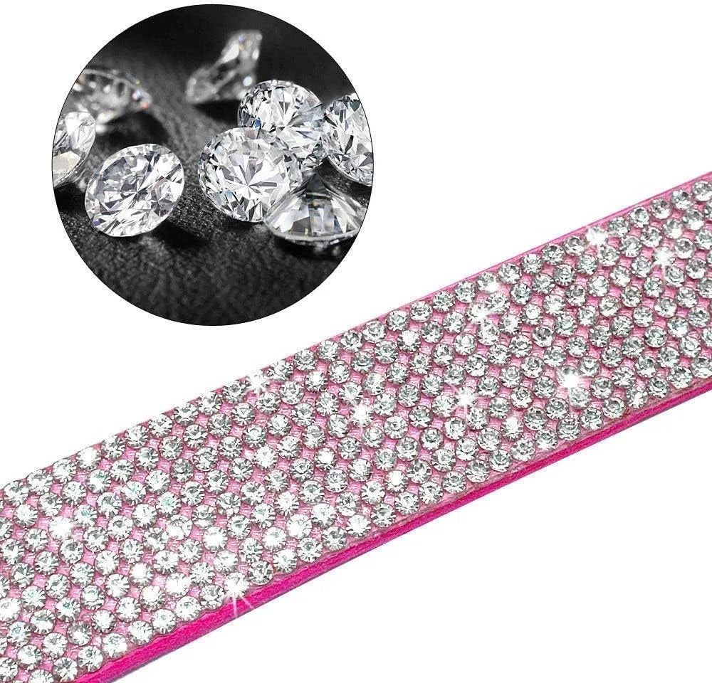 Sparkling Rhinestone Crystal Pet Collar & Leash Set for Small Dogs Cats, Soft Suede Leather, Pink.