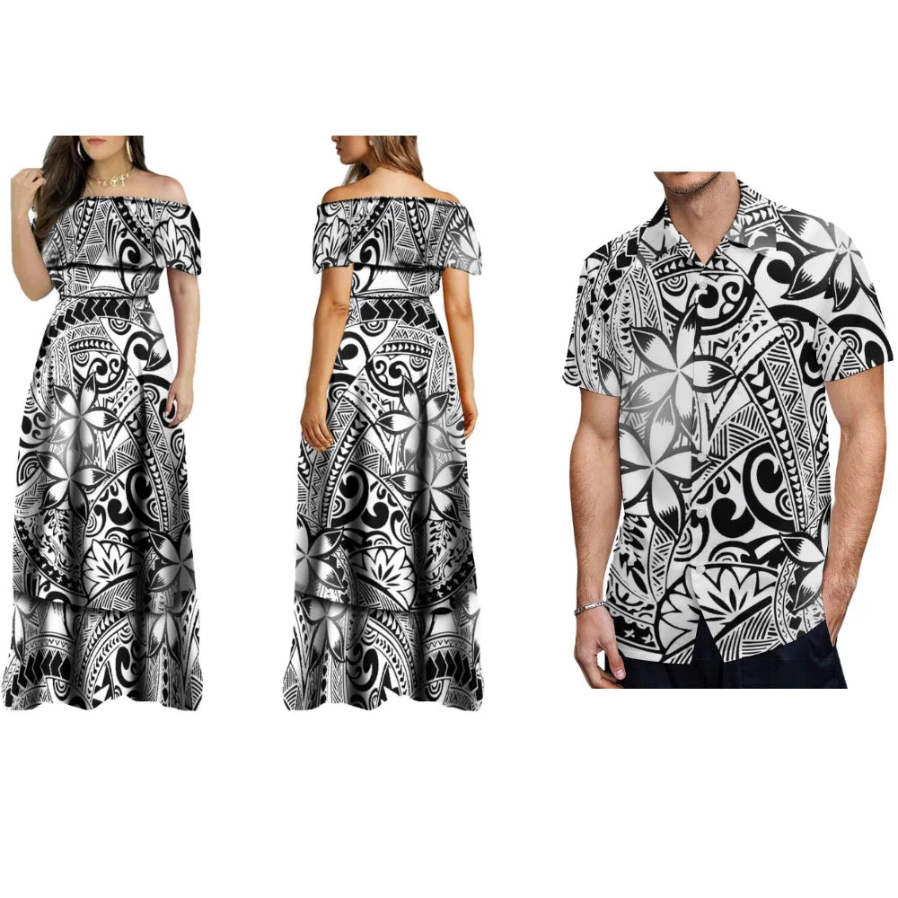 Hawaiian Floral Print Women'S Off-The-Shoulder Long Dress Cocktail Evening Dress And Men's Shirt Polynesian With Couple Suits