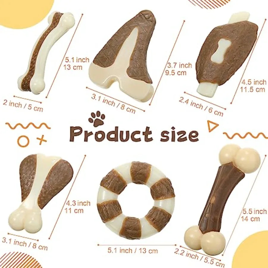 6 Pieces Chew Toys for Aggressive Chewers Real Beef Flavor Dog Teething Chew Bones