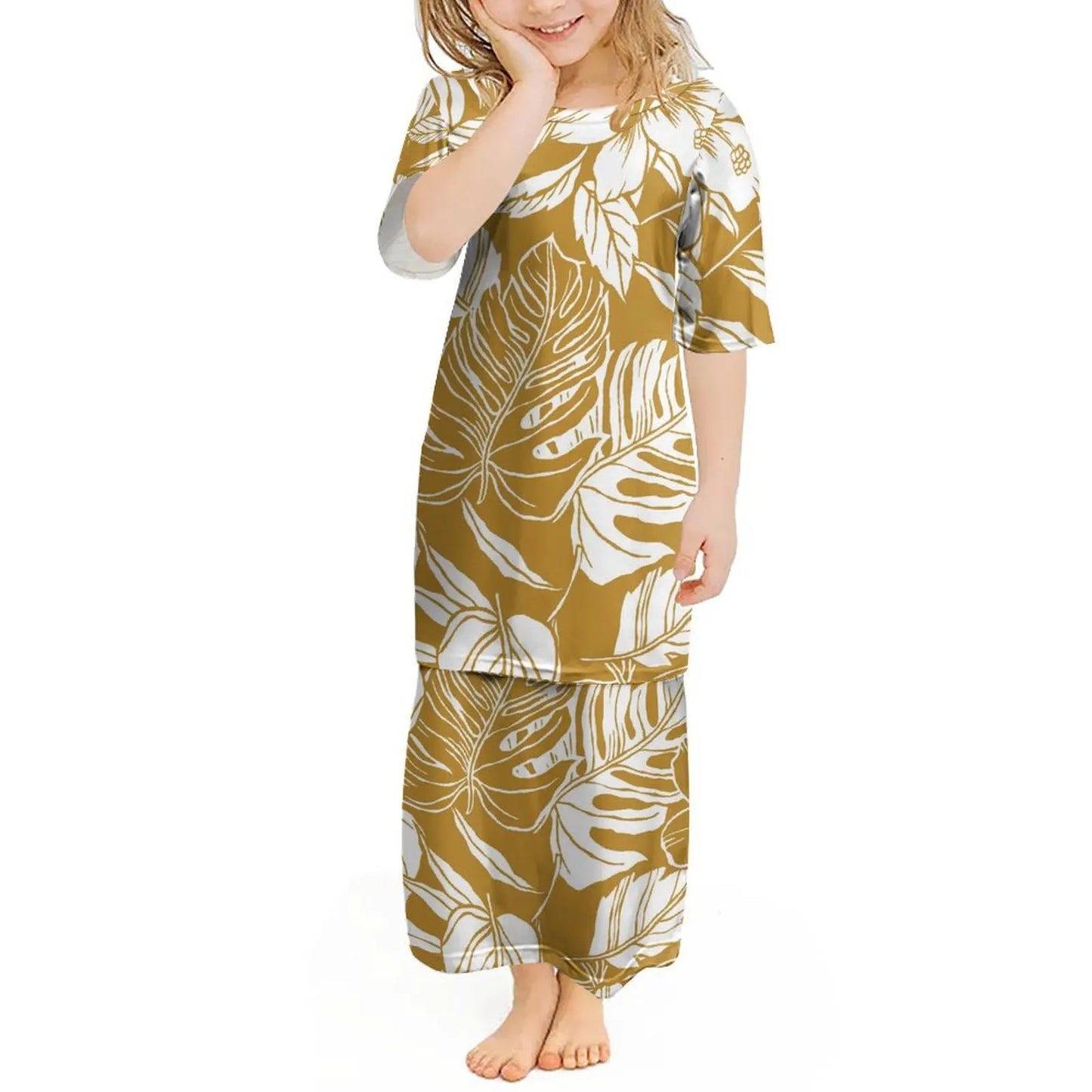 Custom Polynesian Girls Puletasi Pacific Island Floral Print Summer Crewneck Short Sleeve Maxi Party Kids Set Dress